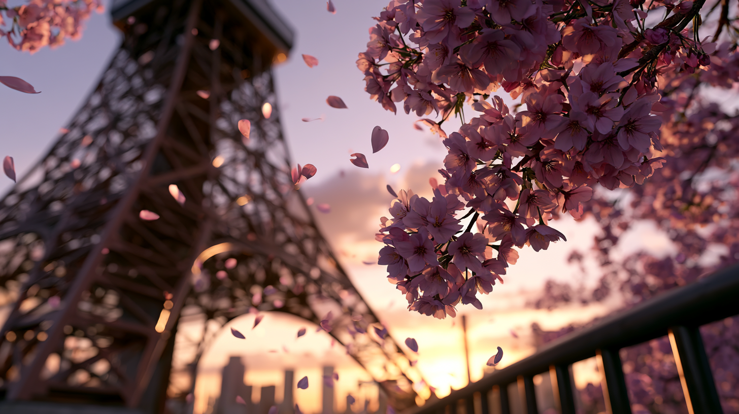 Midjourney - Landscape - 夕焼けの東京タワーと桜