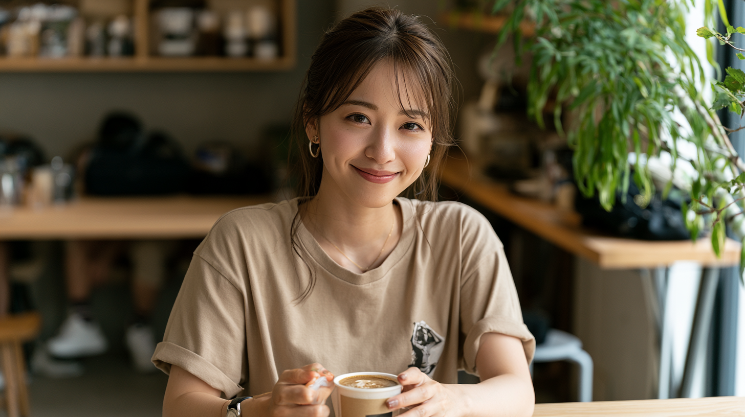 Midjourney - Portrait - カフェで微笑む日本人女性